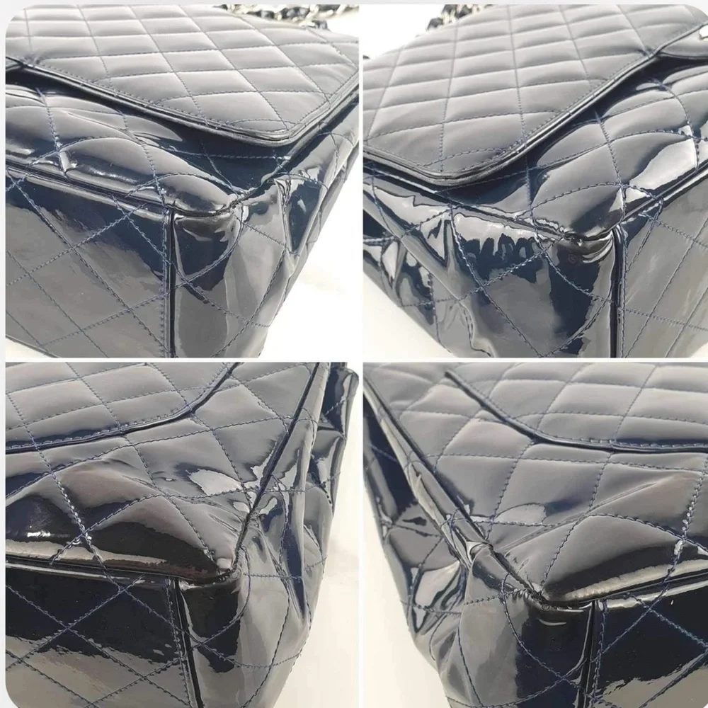 Chanel Navy Quilted Patent Leather Jumbo Maxi Bag - Picture 12 of 13